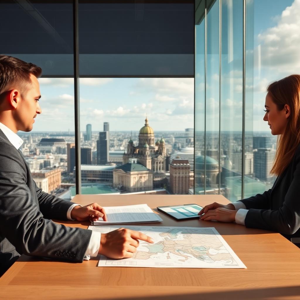 Executives planning European market entry from a Warsaw office overlooking the city